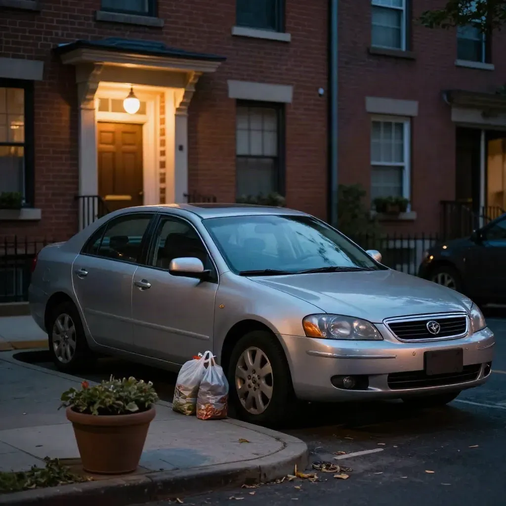 Silver sedan at a townhouse curb with groceries, bike rack, and a glowing porch light at dusk.