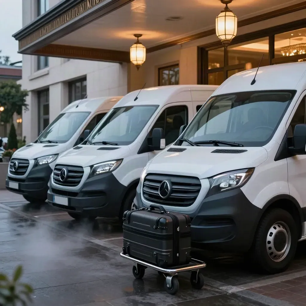 Three white shuttle vans wait in line outside a glowing hotel entrance at dawn.