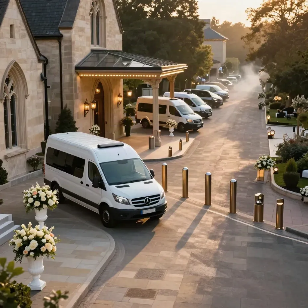 Wedding transport loop with vans at chapel, hotel porte-cochère, and reception lane at dusk