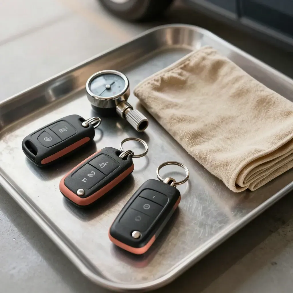 Key fobs, tire gauge, cloth, and ignition knob on a metal tray in hard garage light